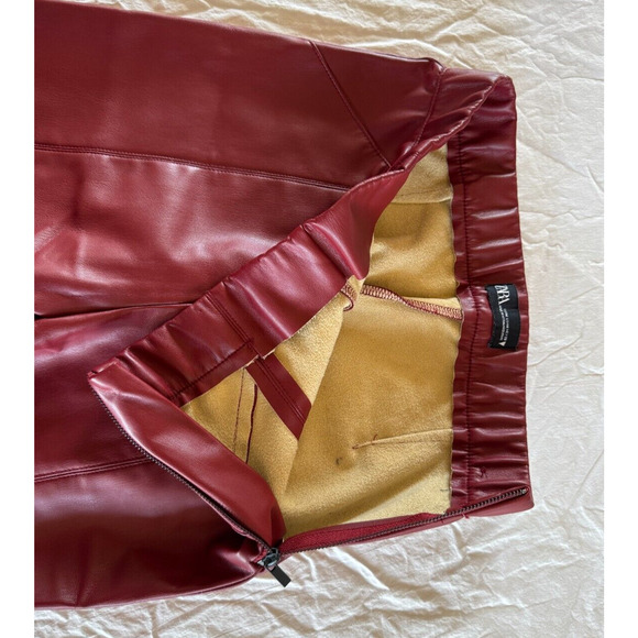 ZARA Faux Leather Skinny High Rise Pants Ankle Zip Size M Medium Red Burgundy - Picture 9 of 9
